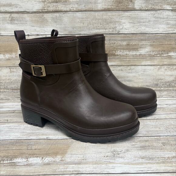 Muck Boot Co Liberty Rain Boot Sz 9 Brown Rubber Ankle Stacked Heel Buckle - Picture 1 of 15